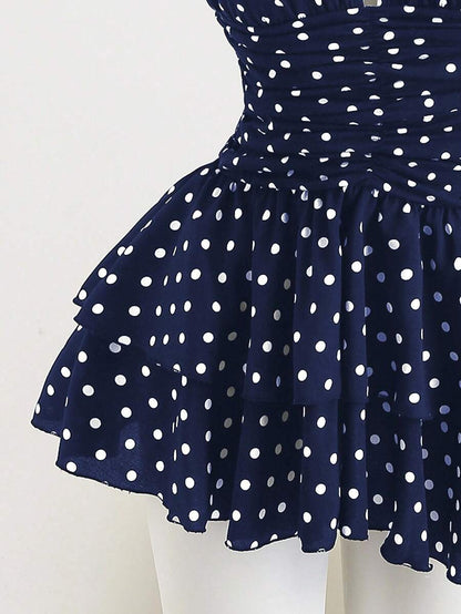 Playful A-Line Halter V-Neck Polka Dot Tiered Navy Blue Mini Homecoming Dress