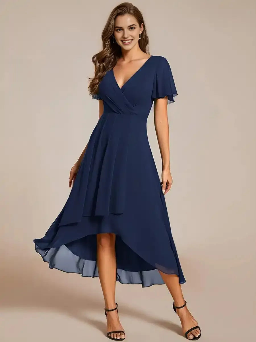 Pleated Chiffon Ruffles Sleeve Midi Bridesmaid Dress
