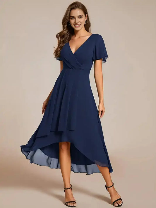 Pleated Chiffon Ruffles Sleeve Midi Bridesmaid Dress