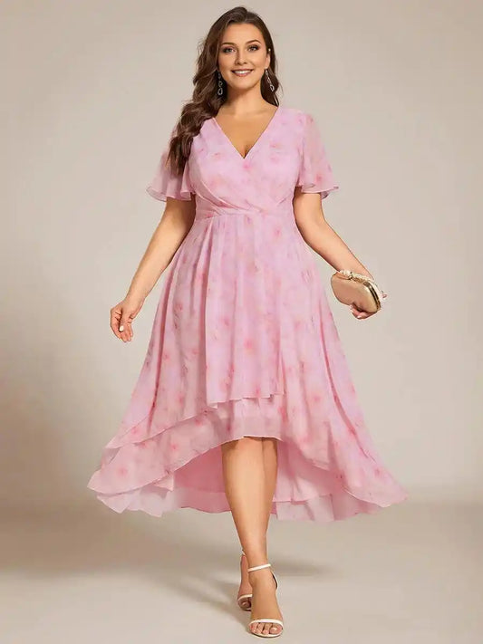 Pleated Chiffon Ruffles Sleeve Midi Bridesmaid Dress