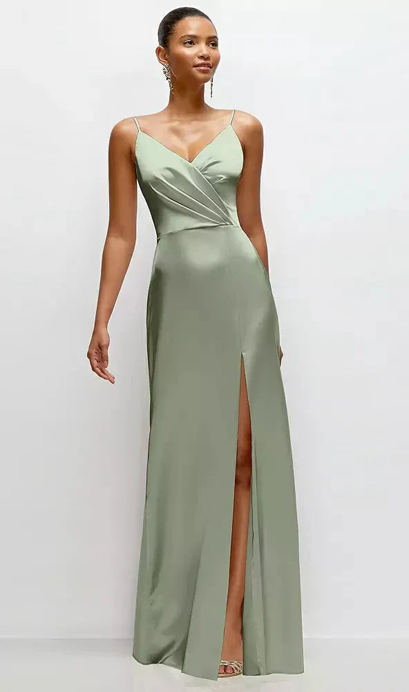 Pleated Faux Wrap Satin Maxi Dress with Adjustable Spaghetti Straps in Sage