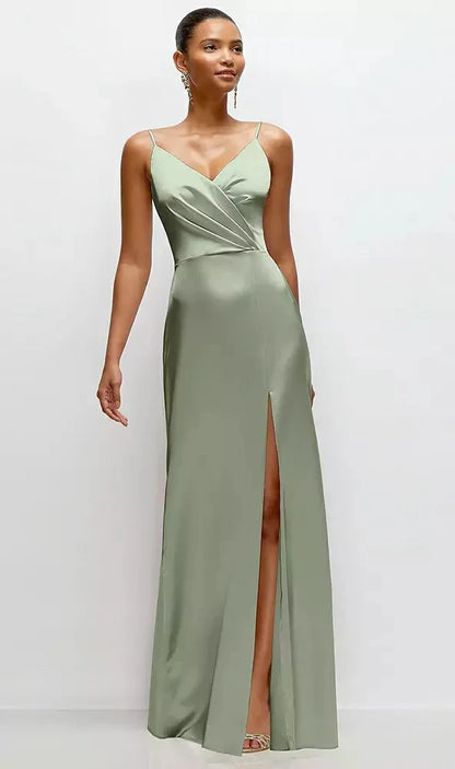 Pleated Faux Wrap Satin Maxi Dress with Adjustable Spaghetti Straps in Sage