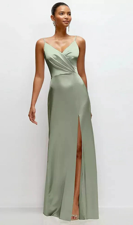 Pleated Faux Wrap Satin Maxi Dress with Adjustable Spaghetti Straps in Sage