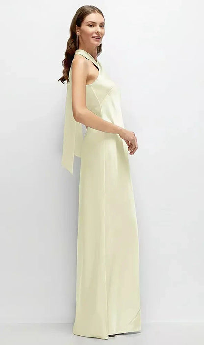 Pleated Halter Bias Satin Maxi Dress with Self-Tie Bow Back in Butter Yellow