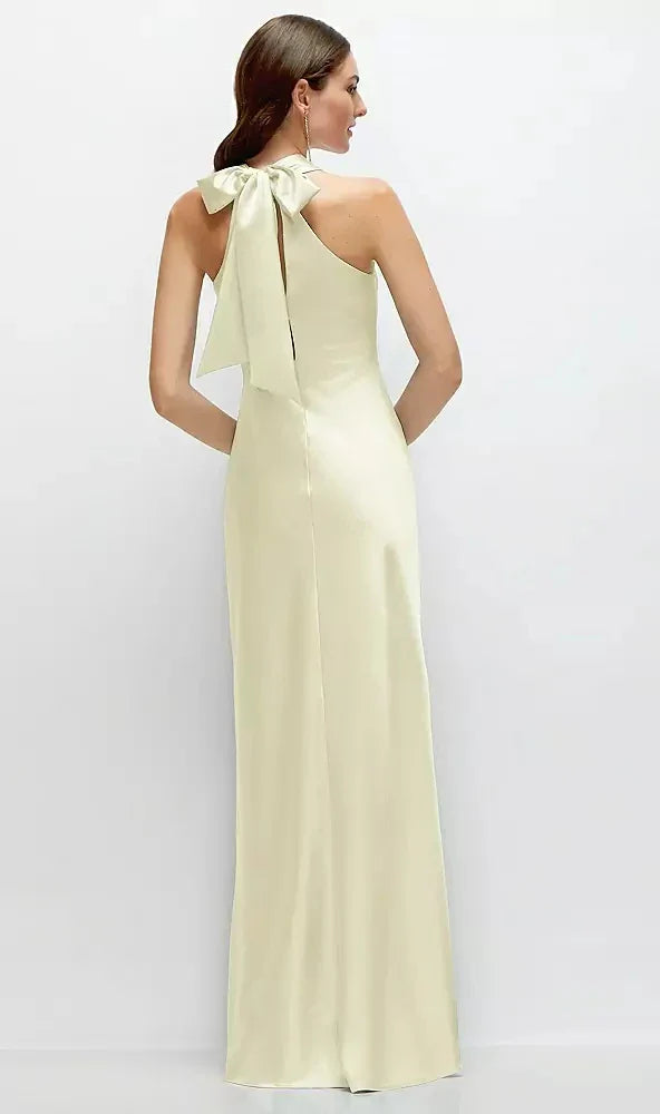 Pleated Halter Bias Satin Maxi Dress with Self-Tie Bow Back in Butter Yellow