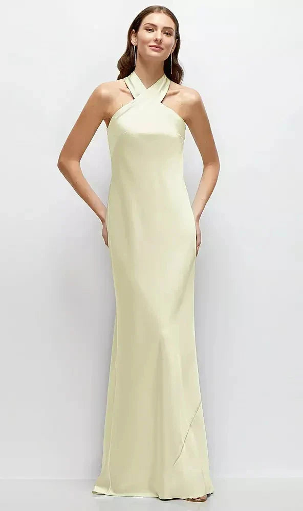 Pleated Halter Bias Satin Maxi Dress with Self-Tie Bow Back in Butter Yellow