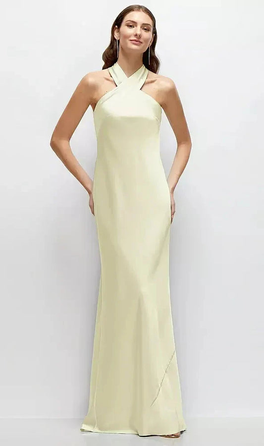 Pleated Halter Bias Satin Maxi Dress with Self-Tie Bow Back in Butter Yellow