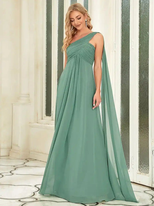 Pleated One Shoulder Long Chiffon Formal Evening Dress Mother Of The Bride Dresses