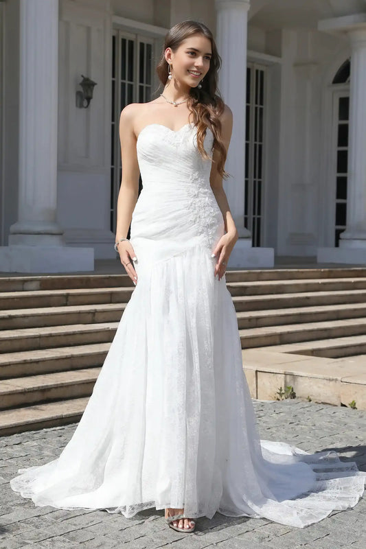Pleats Sweetheart Ivory Strapless Wedding Dress with Appliques