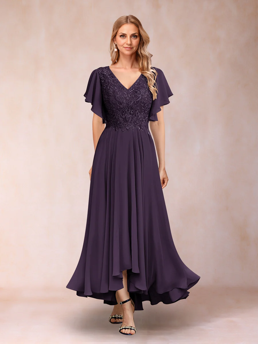 A-Line/Princess V-Neck Short Sleeves Long Evening Dresses Chiffon Mother of the Bride Dresse with Appliques