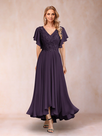 A-Line/Princess V-Neck Short Sleeves Long Evening Dresses Chiffon Mother of the Bride Dresse with Appliques