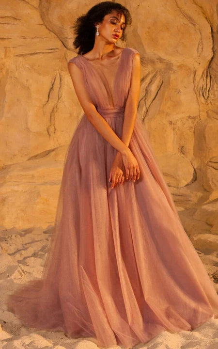 Plunged Chiffon Cap Empire Pleated A-line Prom Dress With Bow And Low-V Back Sweep/Brush Train