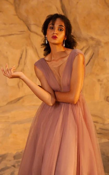 Plunged Chiffon Cap Empire Pleated A-line Prom Dress With Bow And Low-V Back Sweep/Brush Train