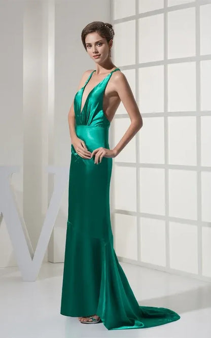 Plunged Mermaid High-Low Hem Satin Dress With Sweep Train Open Back Prom Dress/Dress For Formal