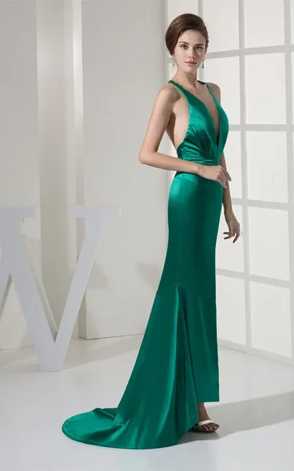 Plunged Mermaid High-Low Hem Satin Dress With Sweep Train Open Back Prom Dress/Dress For Formal