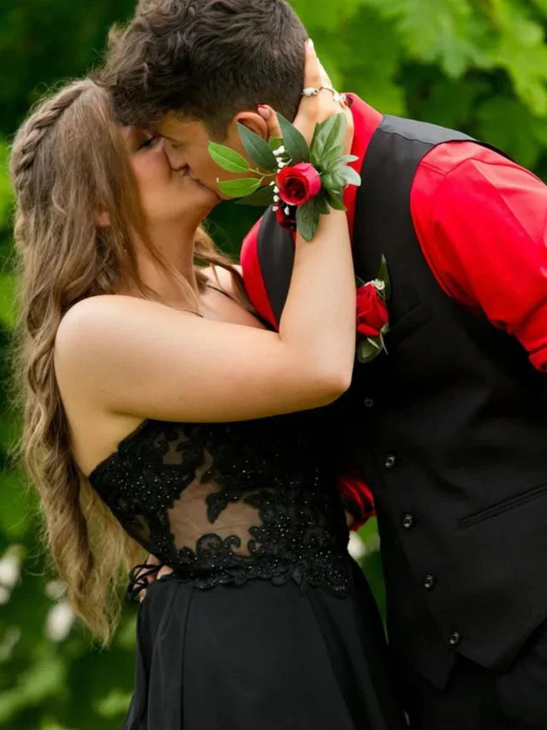 Plus Size Black Lace Evening Dress A Line V Neck Prom Dresses