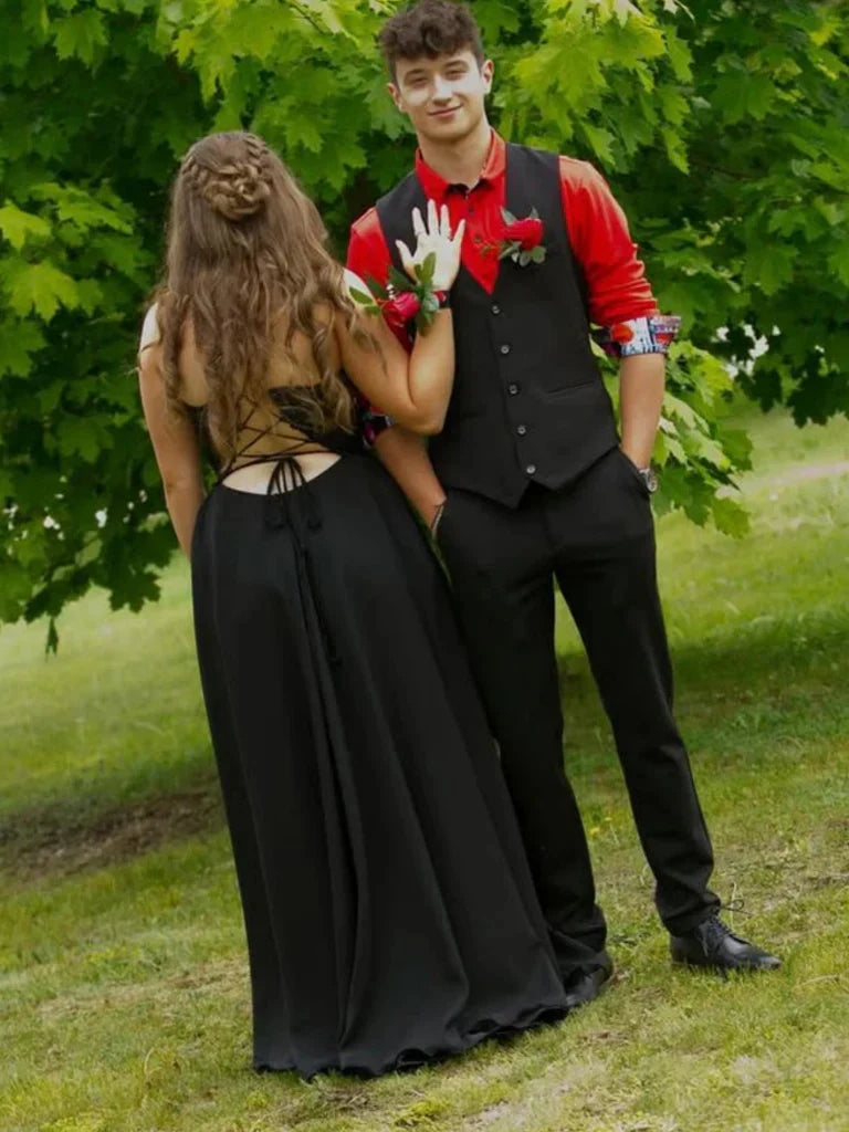Plus Size Black Lace Evening Dress A Line V Neck Prom Dresses