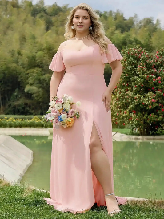 Plus Size Cold Shoulder Formal Bridesmaid Dress with Side Slit
