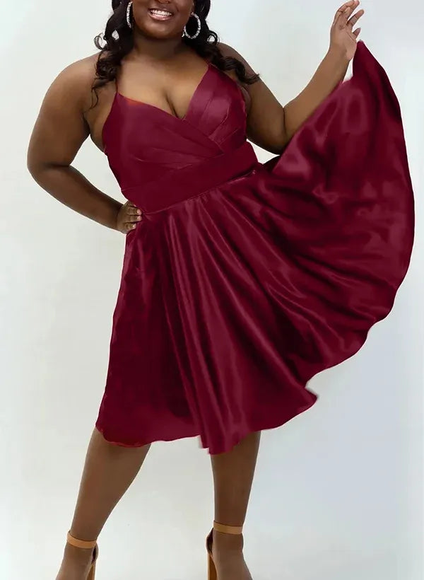Plus Size Elegant A-Line V-Neck Ruched Satin Burgundy Mini Homecoming Dress