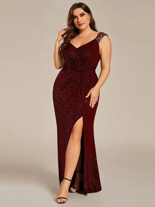 Plus Size Glitter V-Neck High Slit Sequin Shoulder Strap Evening Dress Mother Of The Bride Dresses