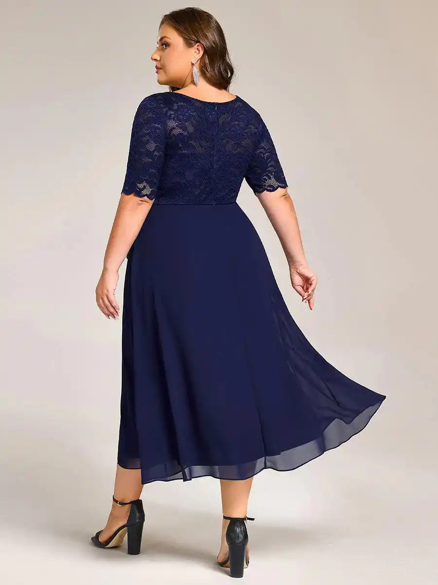 Plus Size Lace Top Short Sleeve A-Line Split Round Neck Formal Dress