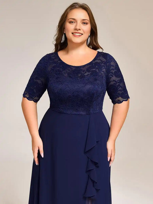 Plus Size Lace Top Short Sleeve A-Line Split Round Neck Formal Dress