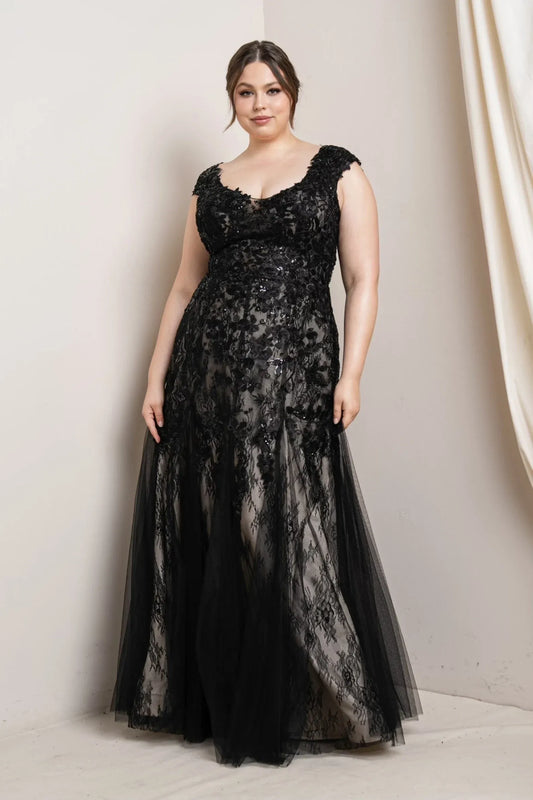 Plus Size Mermaid Scoop-Neck Lace Beaded Black Floor-Length Formal Evening Dress