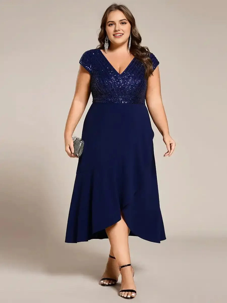 Plus Size Sequin Bodice V-Neck Midi Formal Dress Mother Of The Bride Dresses