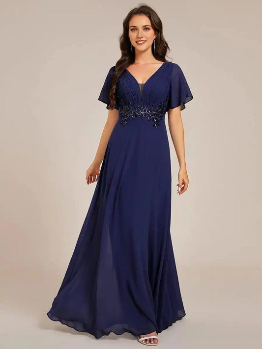 Plus Size Short Sleeve Waist Applique V-Neck Maxi Formal Evening Dress Mother Of The Bride Dresses
