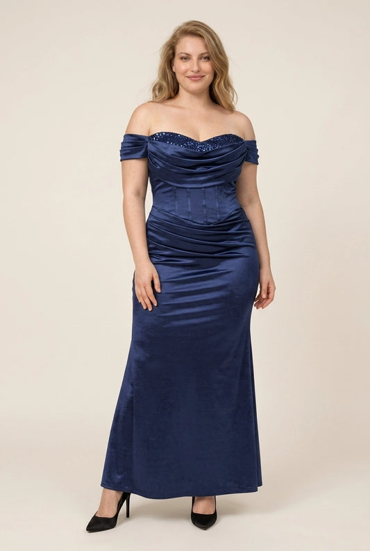 Plus Size A-Line Off-Shoulder Ruched Sequins Navy Blue Floor-Length Prom Dress