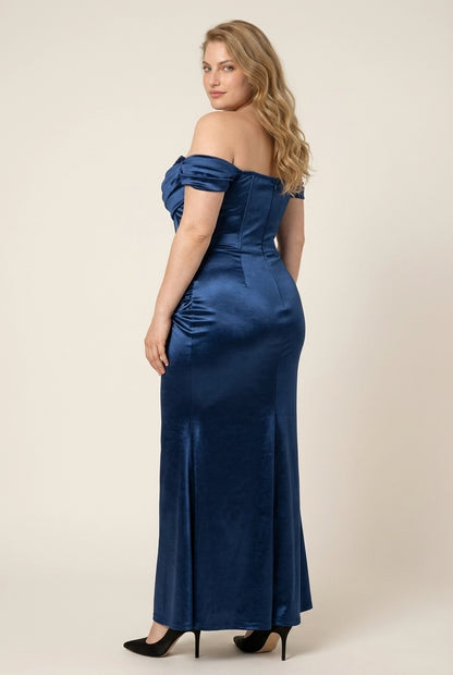 Plus Size A-Line Off-Shoulder Ruched Sequins Navy Blue Floor-Length Prom Dress