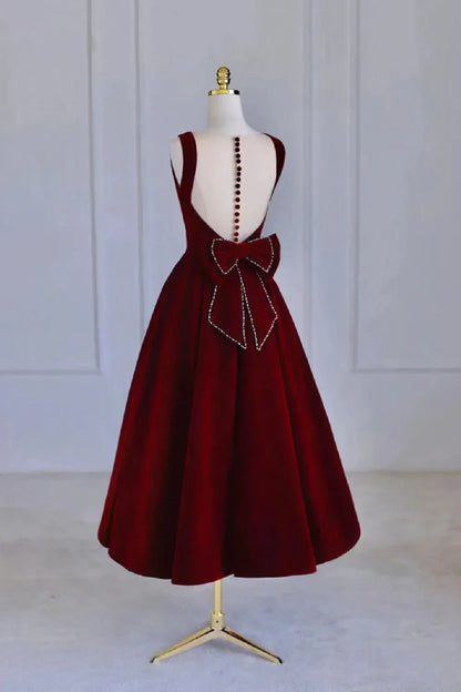 Pretty A-Line Boat Neck Sleeveless Lace Up Tea-Length Prom Dress
