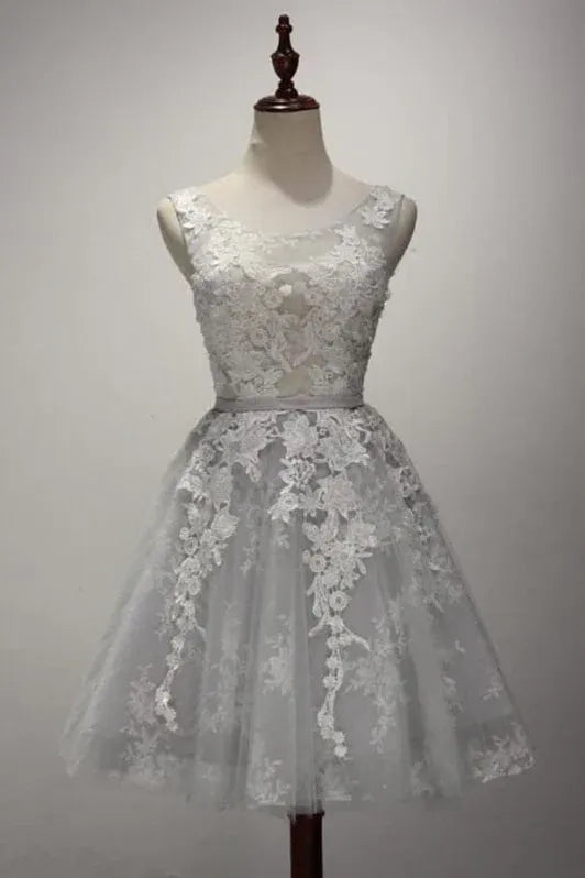Pretty A-Line Scoop Neck Appliques Lace Silver Grey Homecoming Dress For Ladies