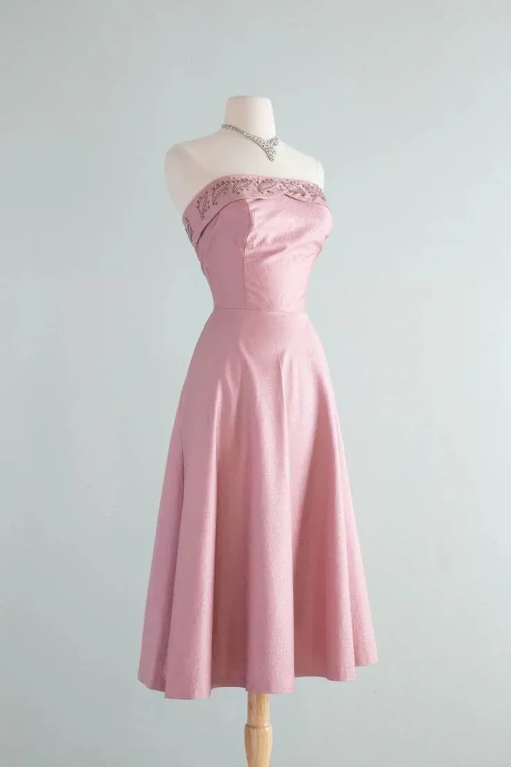 Pretty A-Line Strapless Sleeveless Satin Lace Up Tea-Length Prom Dress