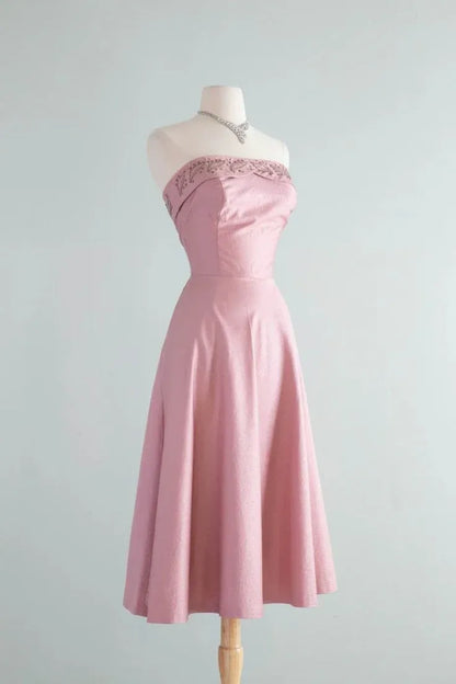 Pretty A-Line Strapless Sleeveless Satin Lace Up Tea-Length Prom Dress
