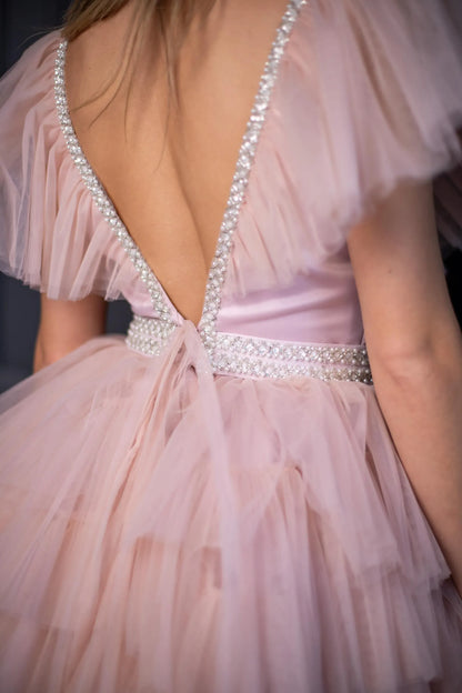Glamorous A-Line V-Neck Cap Sleeve Tiered Tulle Blush Homecoming Dress for Women