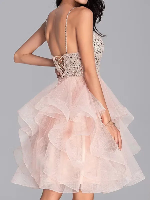 Pretty A-Line V-Neck Corset Beaded Sequins Layers Blush Mini Homecoming Dress