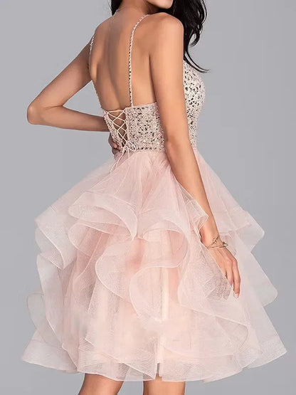 Pretty A-Line V-Neck Corset Beaded Sequins Layers Blush Mini Homecoming Dress
