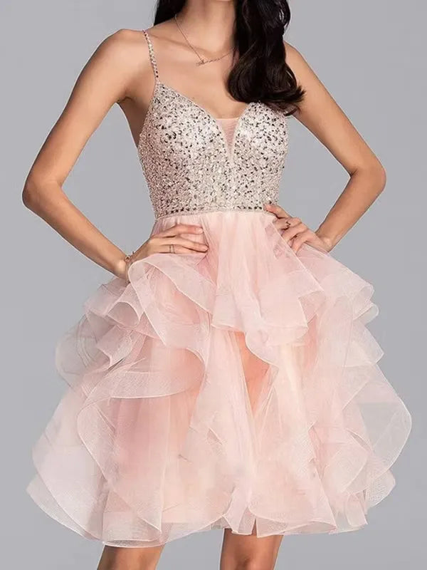 Pretty A-Line V-Neck Corset Beaded Sequins Layers Blush Mini Homecoming Dress