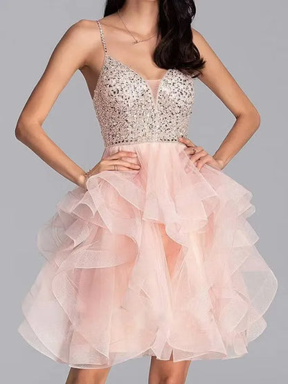 Pretty A-Line V-Neck Corset Beaded Sequins Layers Blush Mini Homecoming Dress