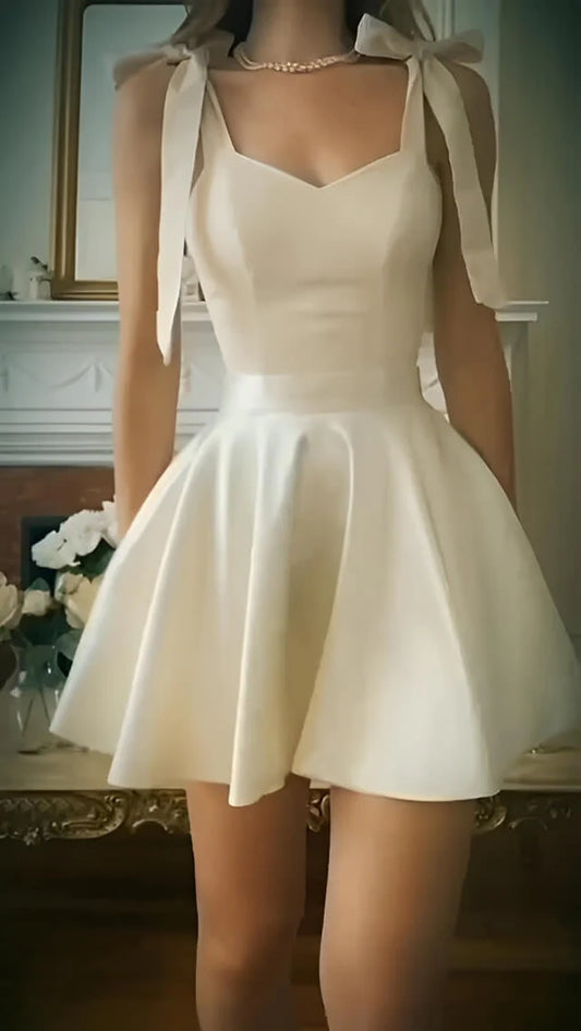 Pretty A-Line V Neck Sleeveless Satin Short-Mini Homecoming Dress