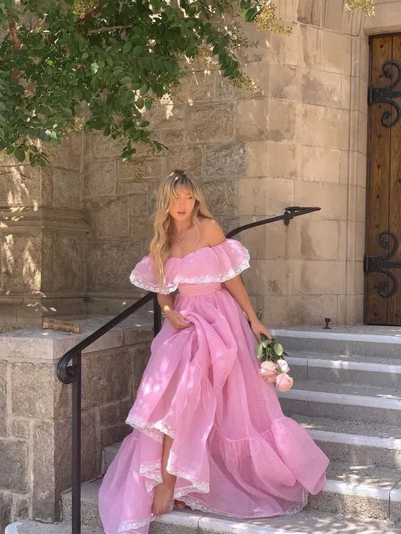 Pretty A-line Off the Shoulder Sleeveless Chiffon Ruffles Floor-Length Prom Dress