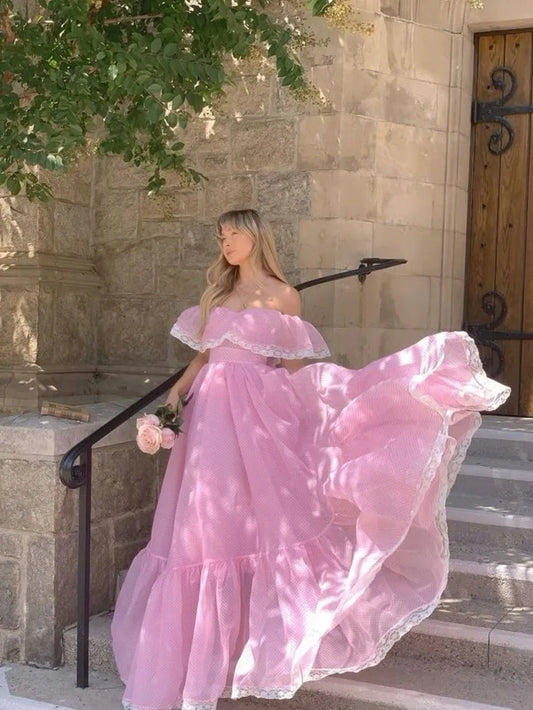Pretty A-line Off the Shoulder Sleeveless Chiffon Ruffles Floor-Length Prom Dress