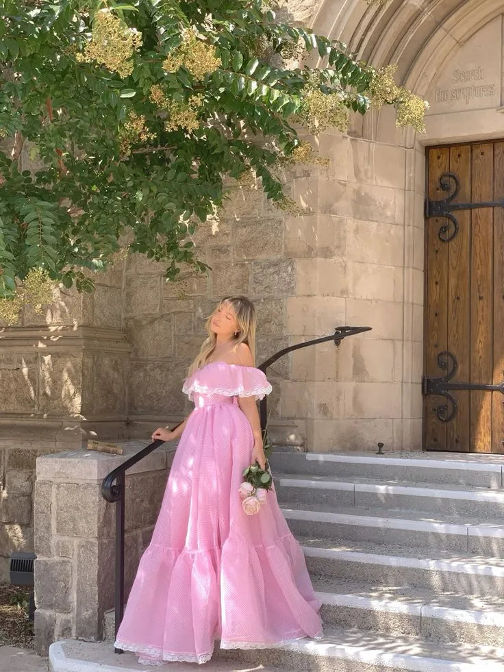 Pretty A-line Off the Shoulder Sleeveless Chiffon Ruffles Floor-Length Prom Dress