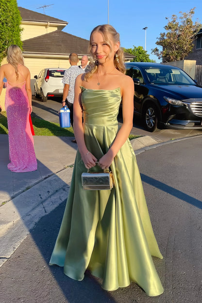 Pretty A-line Strapless Sleeveless Backless Satin Floor-Length Prom Dress