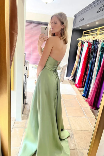 Pretty A-line Strapless Sleeveless Backless Satin Floor-Length Prom Dress