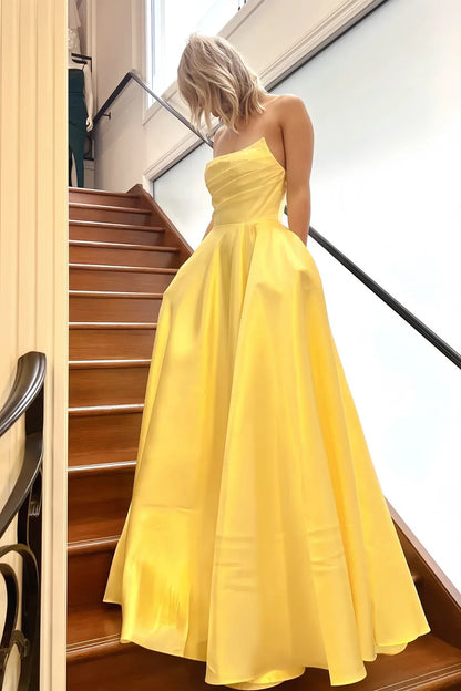 Pretty A-line Strapless Sleeveless Backless Satin Floor-Length Prom Dress