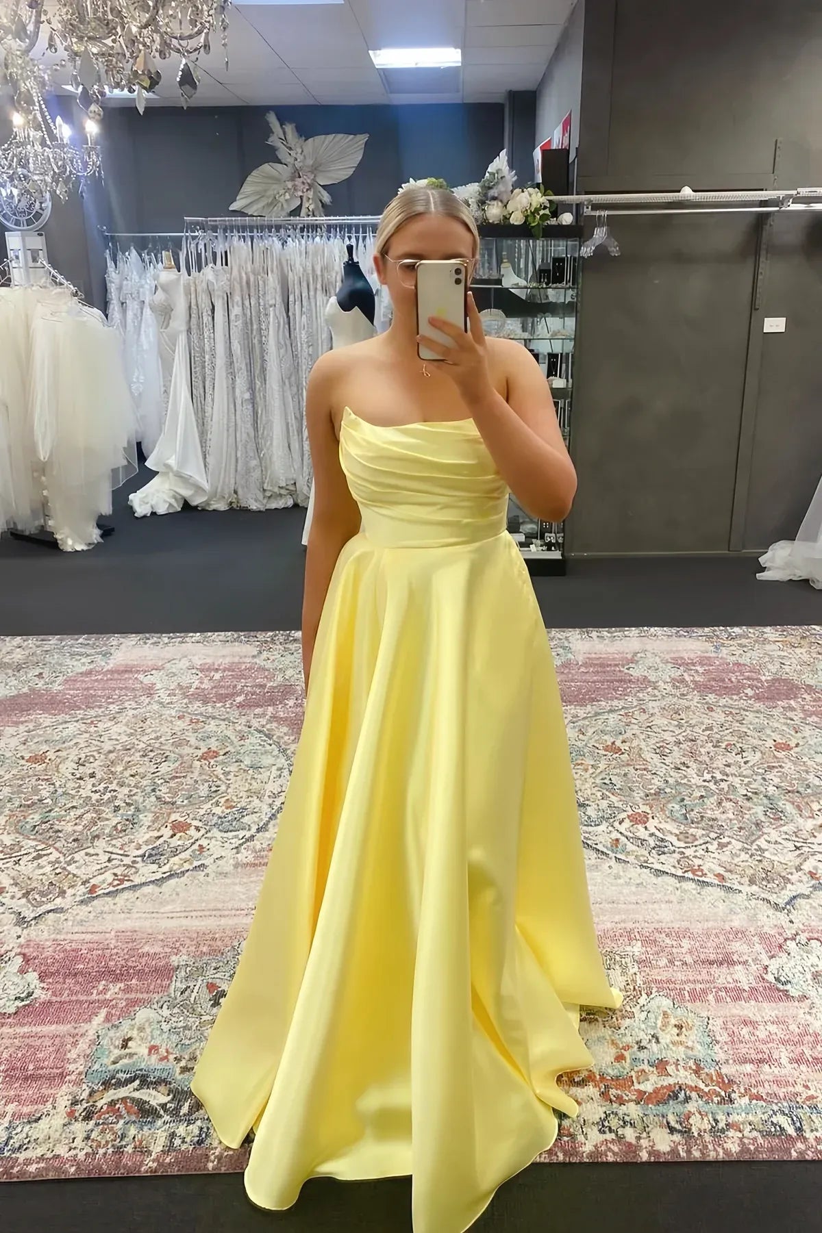 Pretty A-line Strapless Sleeveless Backless Satin Floor-Length Prom Dress