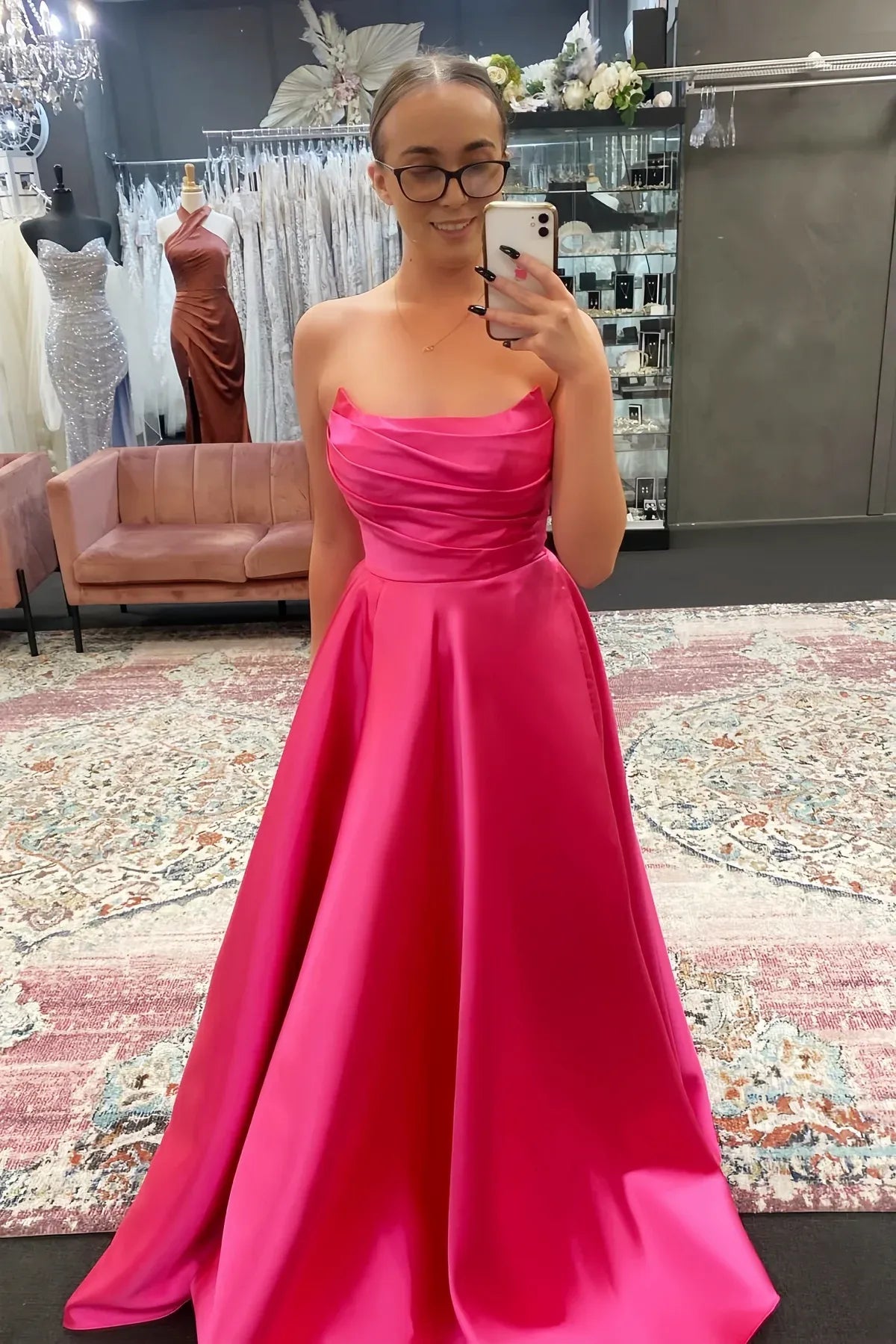 Pretty A-line Strapless Sleeveless Backless Satin Floor-Length Prom Dress
