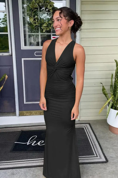 Pretty Mermaid Halter Neck Sleeveless Pleated Floor-Length Prom Dress